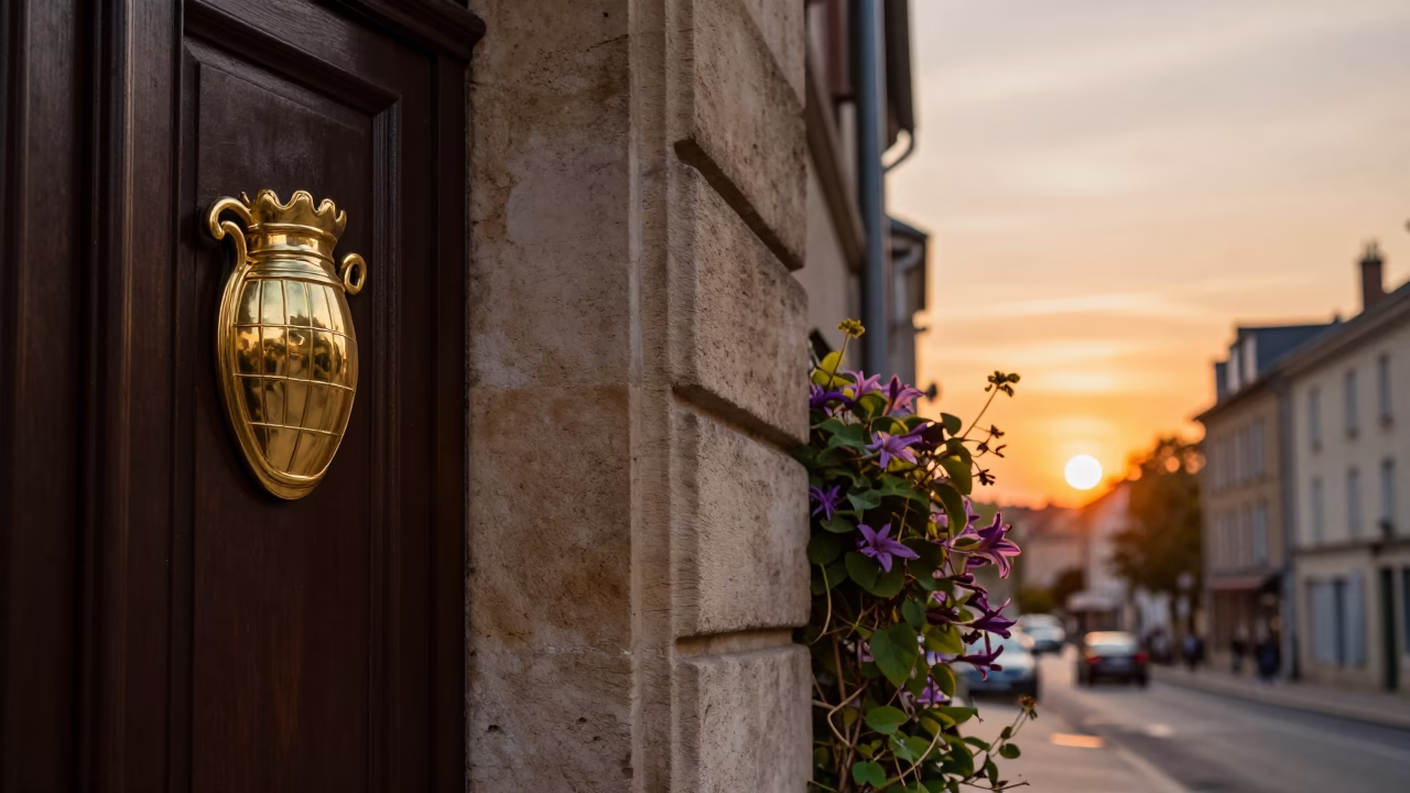 Lyon France Sunset Street Scene with Brass Escutcheon and Clematis Vine in in Lyon, France