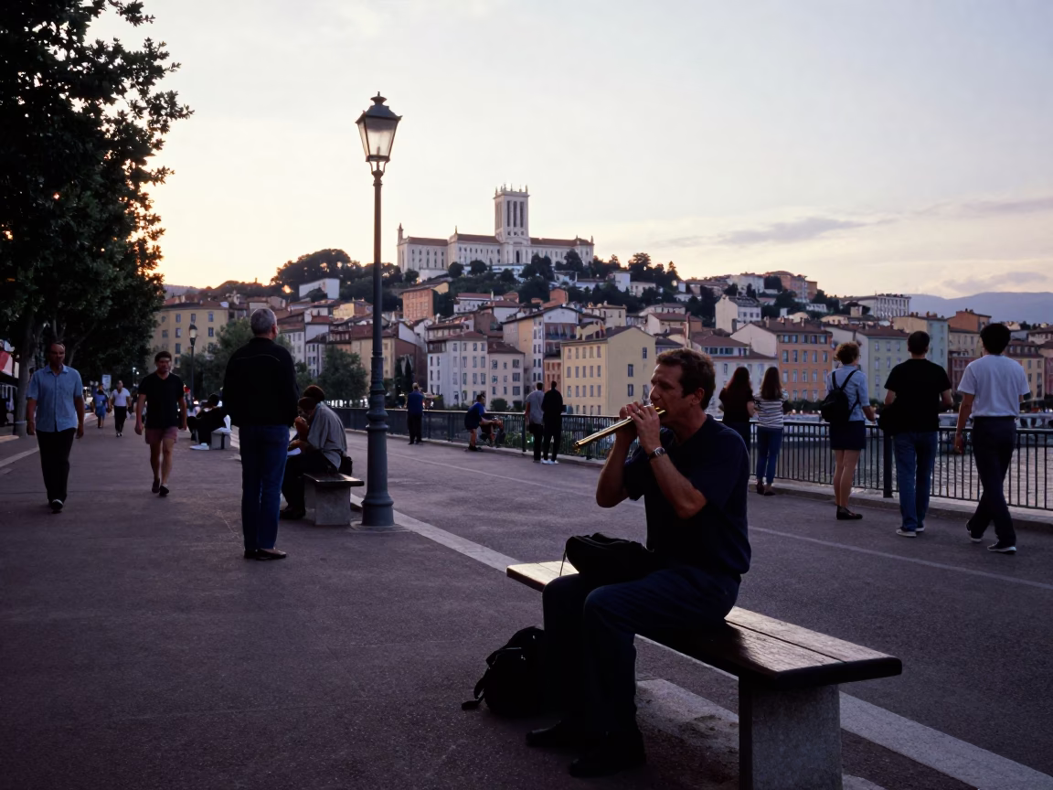 Lyon France Sunset Street Scene with Harmonica Player and City Lights in in Lyon, France