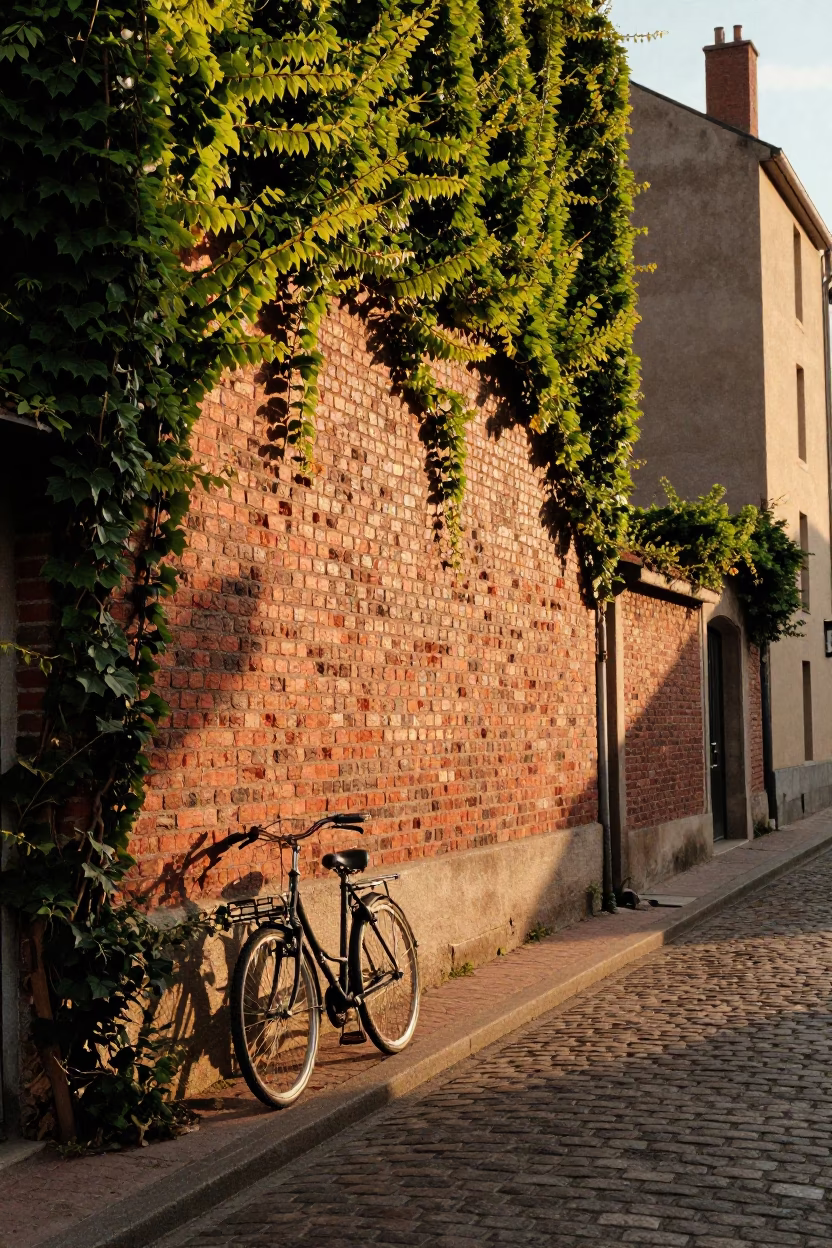 Lyon France Sunset Street Scene with Ivy Brick Wall and Vintage 1970s Atmosphere in in Lyon, France