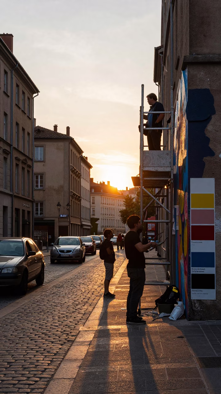 Lyon France Sunset Street Scene with Muralist Sample Swatches and Urban Architecture in in Lyon, France