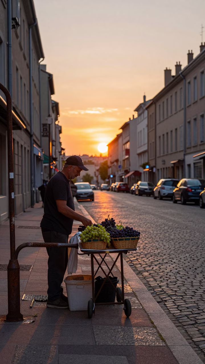 Lyon France Sunset Street Scene with Rusty Handle and Grapes in in Lyon, France