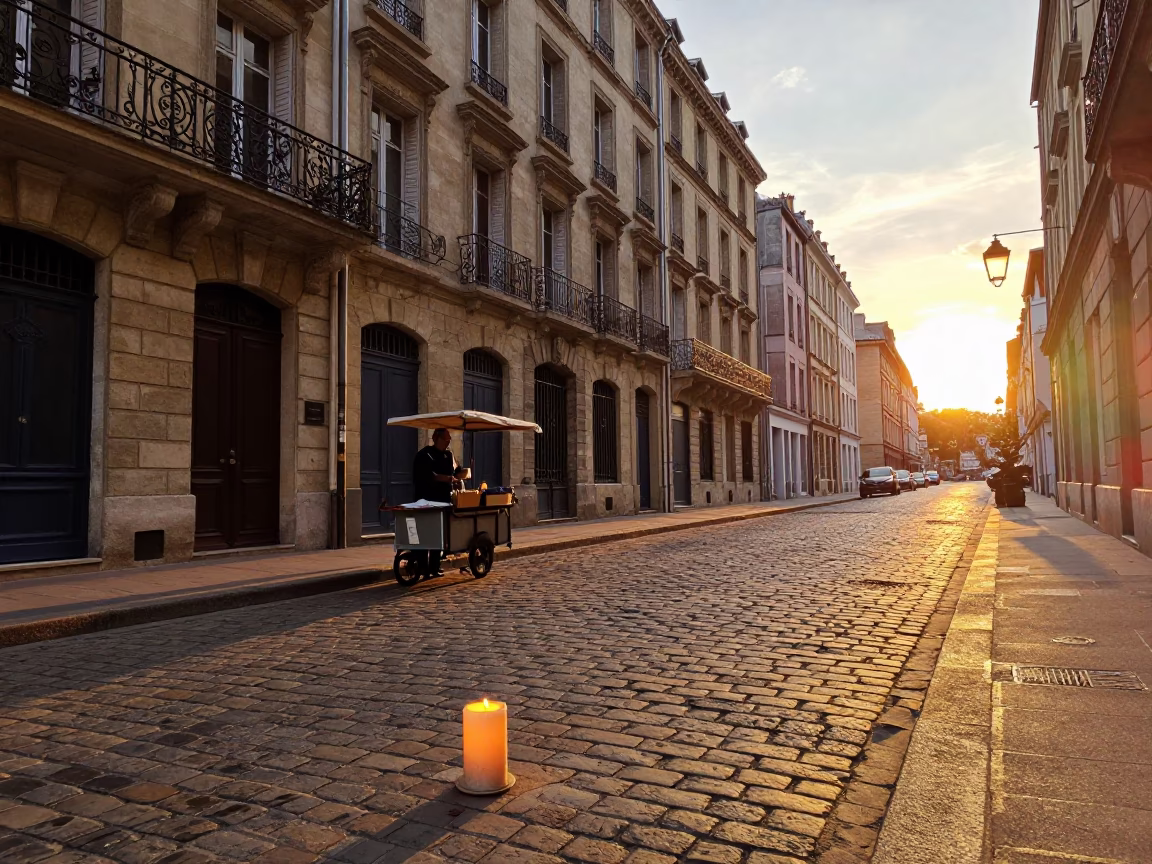 Lyon France Sunset Street Scene with Taper Candle and Urban Details in in Lyon, France