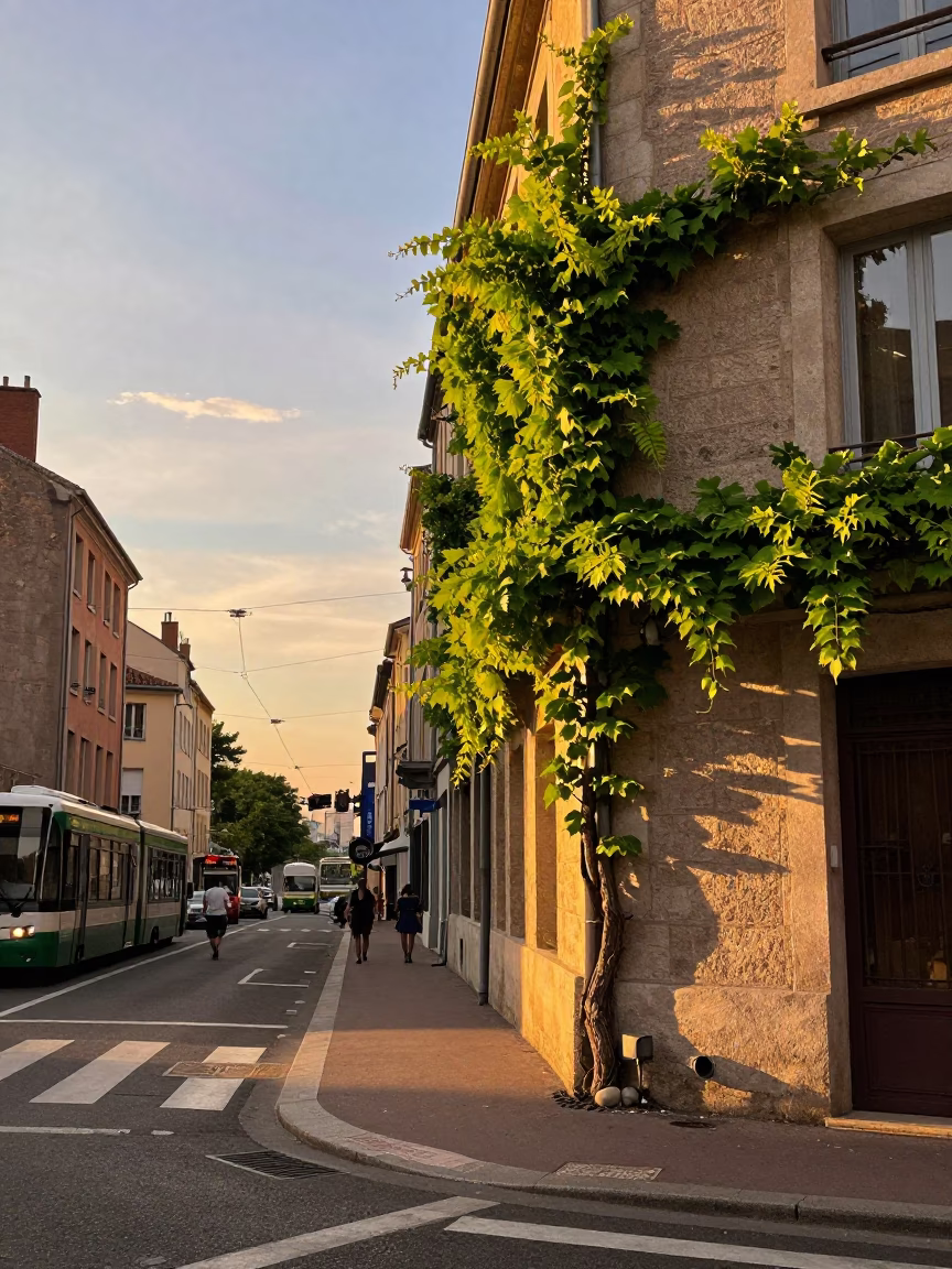 Lyon France Sunset Street Scene with Vine and Monorail Over River in in Lyon, France
