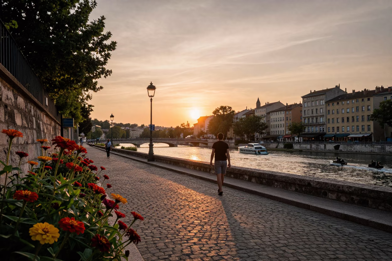 Lyon France Sunset Street Scene with Zinnias and Vintage 1960s Atmosphere in in Lyon, France