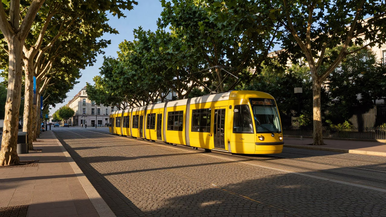 Lyon France Tramcar on Tree Lined Boulevard in Late Afternoon Light in in Lyon, France