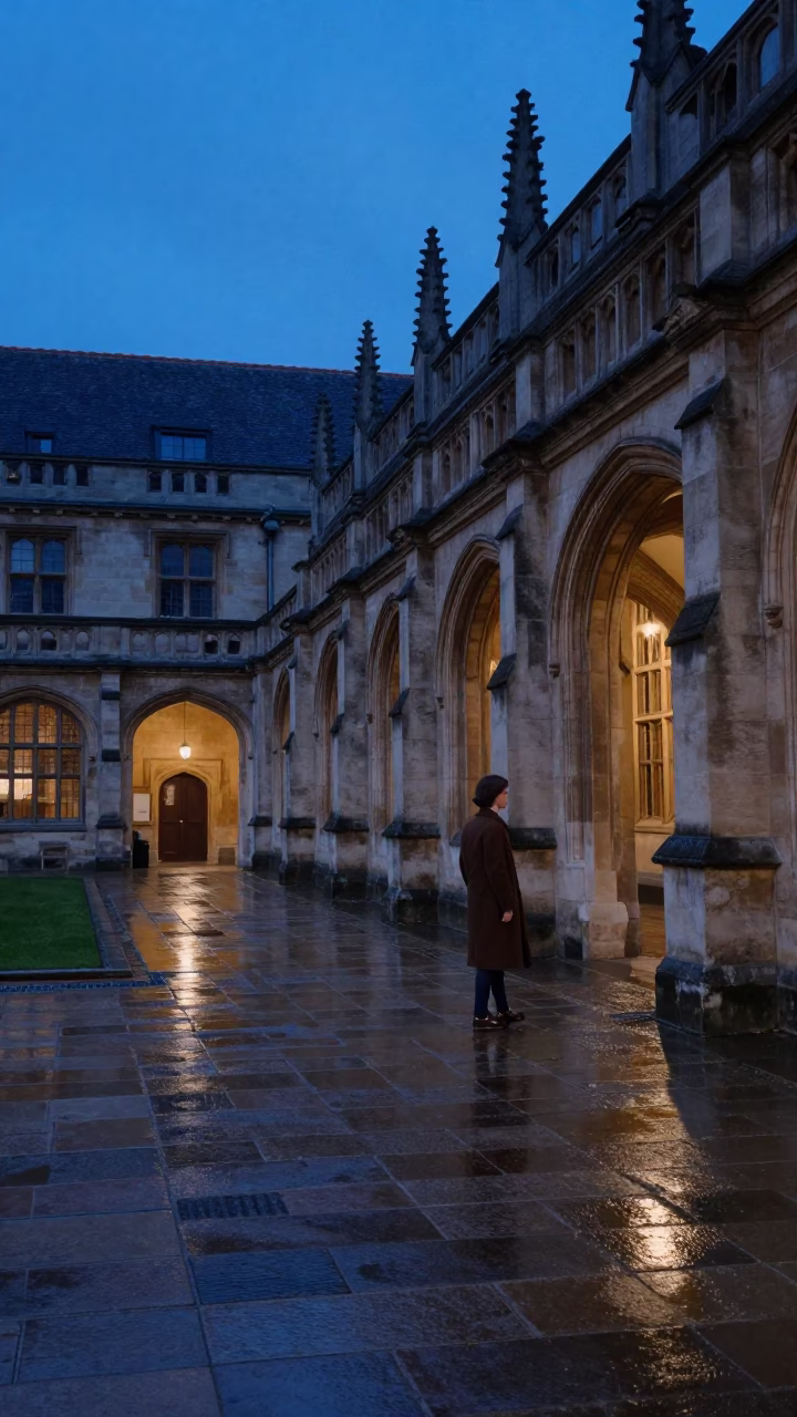 Lyon France Twilight Scene with University Cloister Wet Flagstones and Postcards in in Lyon, France
