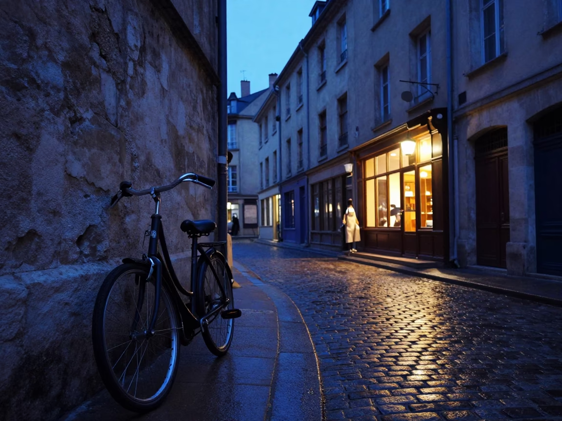 Lyon France Twilight Street Scene with Bicycle and Aprons in in Lyon, France