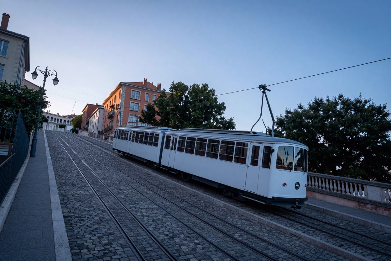 Lyon Funicular Climbing Steep Hill Before Sunrise in Cool Morning Light in in Lyon, France