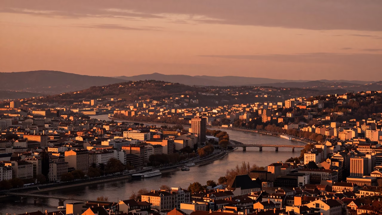 Lyon Hills And Rivers at Copper-toned Light Before Dusk in in Lyon, France
