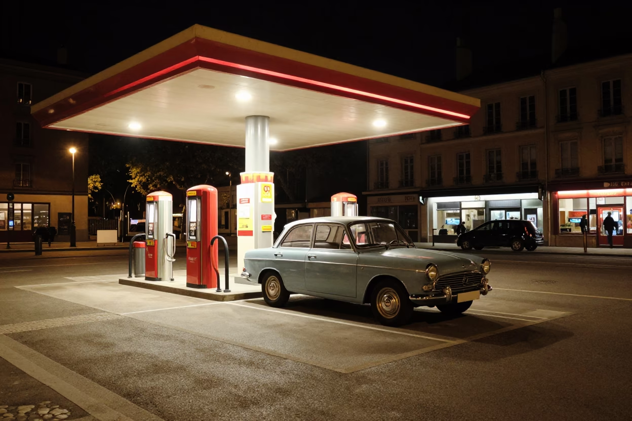 Lyon Night Street Scene with Vintage Car and Gas Station Canopy Illumination in in Lyon, France