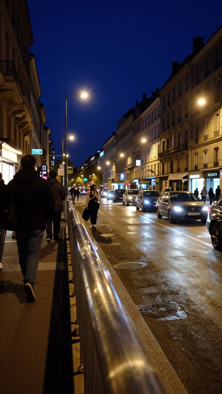 Lyon Nightlife Busy Street Scene with Steel Reflection and Local Interaction in in Lyon, France