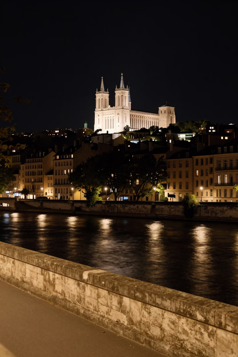 Lyon Quai Romain Rolland Showing Saone River And Fourviere Hill Lights in in Lyon, France