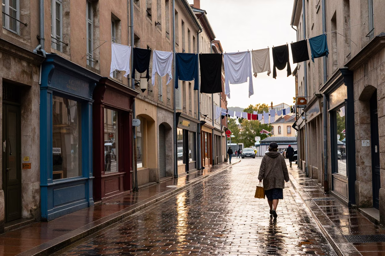 Lyon street scene after rain with laundry lines and shop fronts in in Lyon, France