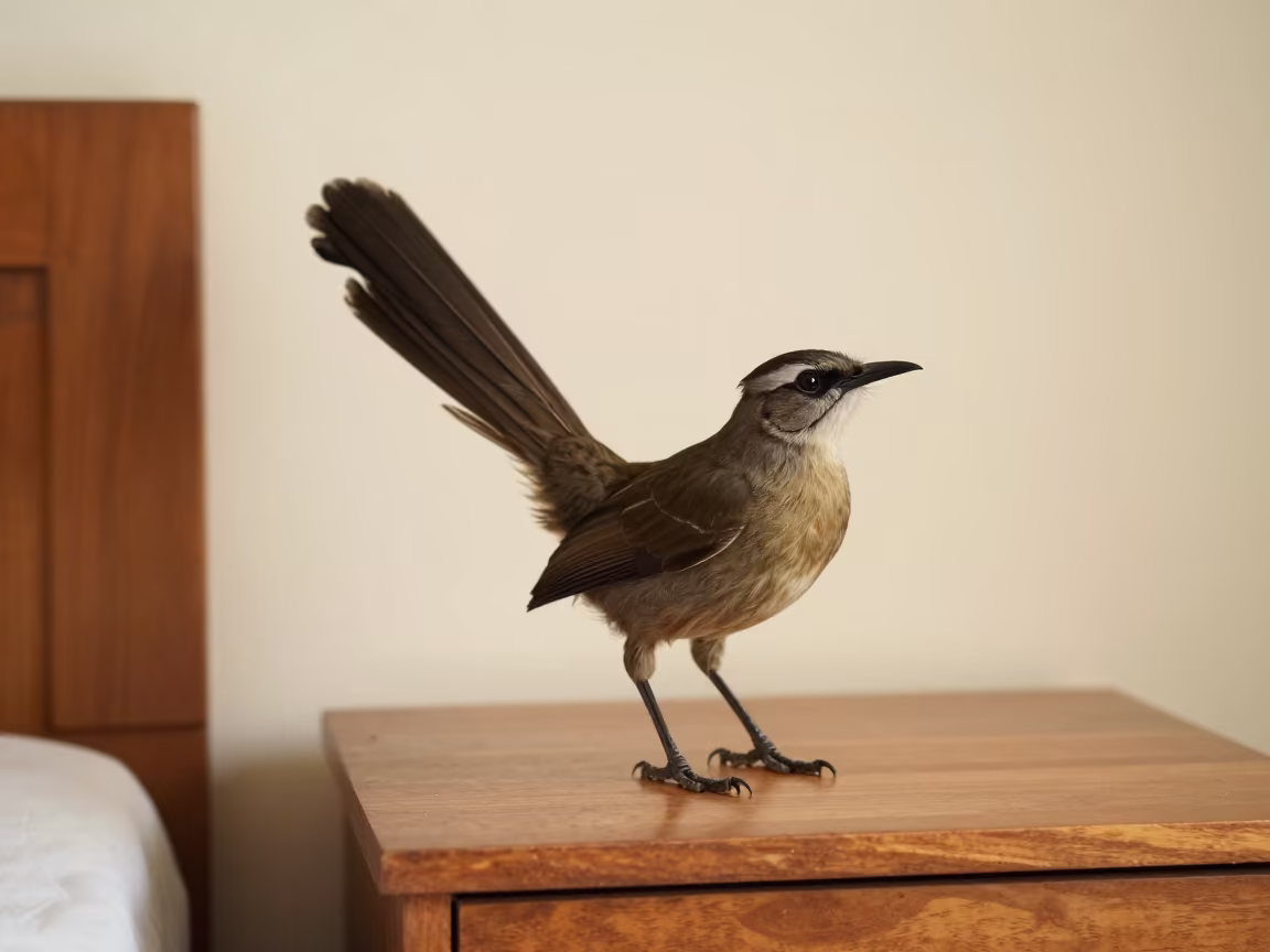 Lyrebird Tail Display on Cebu Nightstand in on a bedside table in Cebu