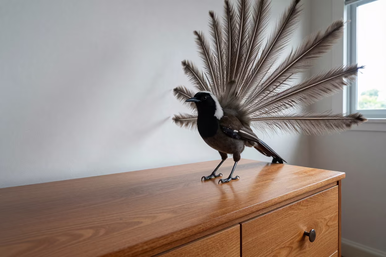 Lyrebird Tail Display on Hotel Dresser in on a hotel dresser in Visakhapatnam