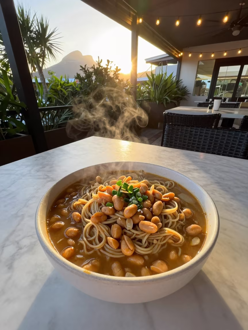 Maafe Peanut Stew Bowl on Marble Table in on a marble cafe table in Green Point, Cape Town