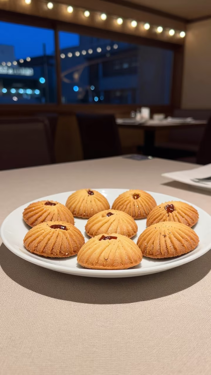 Maamoul Date Cookies on Linen in Kanazawa in on a linen-covered restaurant table in Kanazawa
