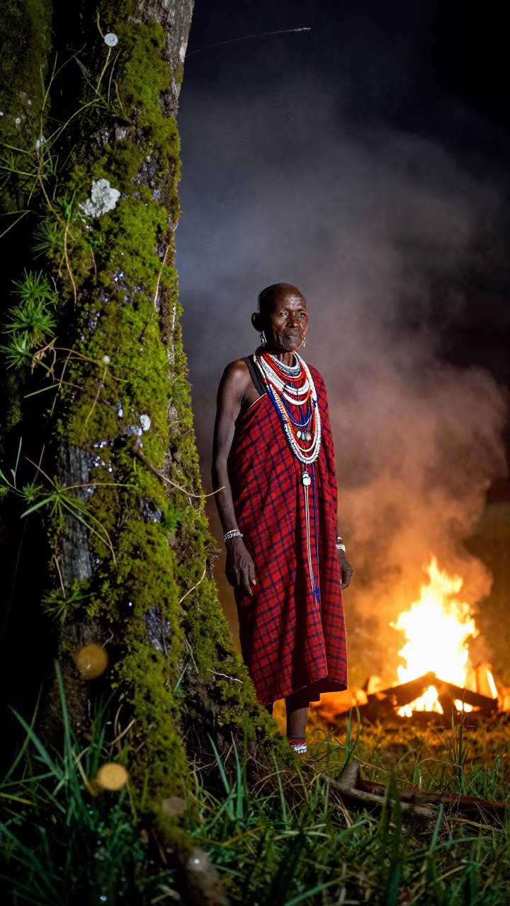 Maasai Elder in Midnight Firelight With Sideways Moss in near Nairobi