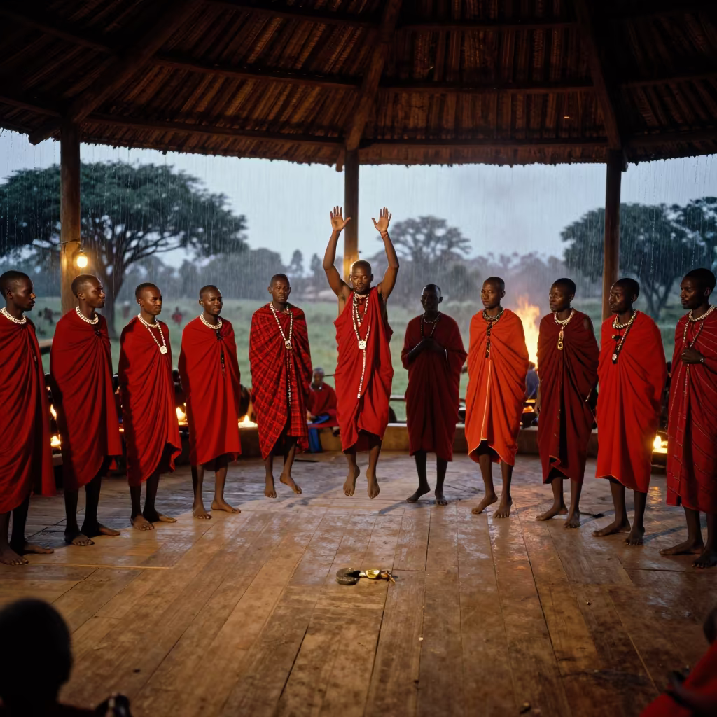 Maasai Jumping Dance in Arusha Hall Firelight in in a ceremonial hall in Arusha