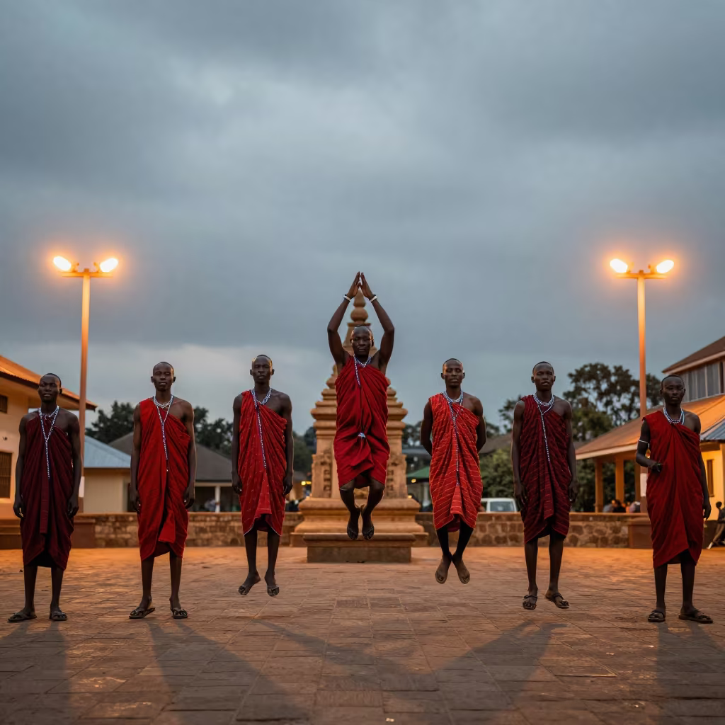 Maasai Jumping Dance in Nairobi Temple Courtyard Twilight in in a temple courtyard in Nairobi