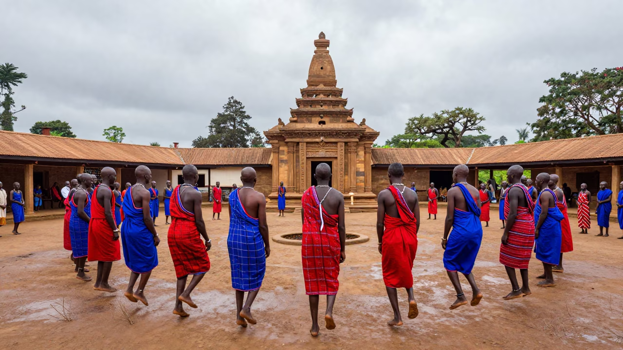 Maasai Jumping Dance in Nairobi Temple Courtyard in in a temple courtyard in Nairobi