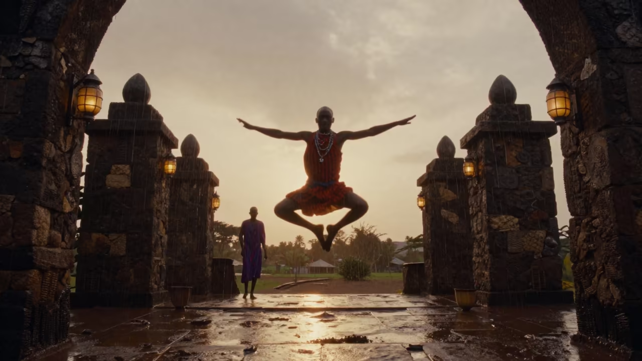 Maasai Jumping Dance Silhouette in Mombasa Shrine in in a shrine lined with lanterns in Mombasa