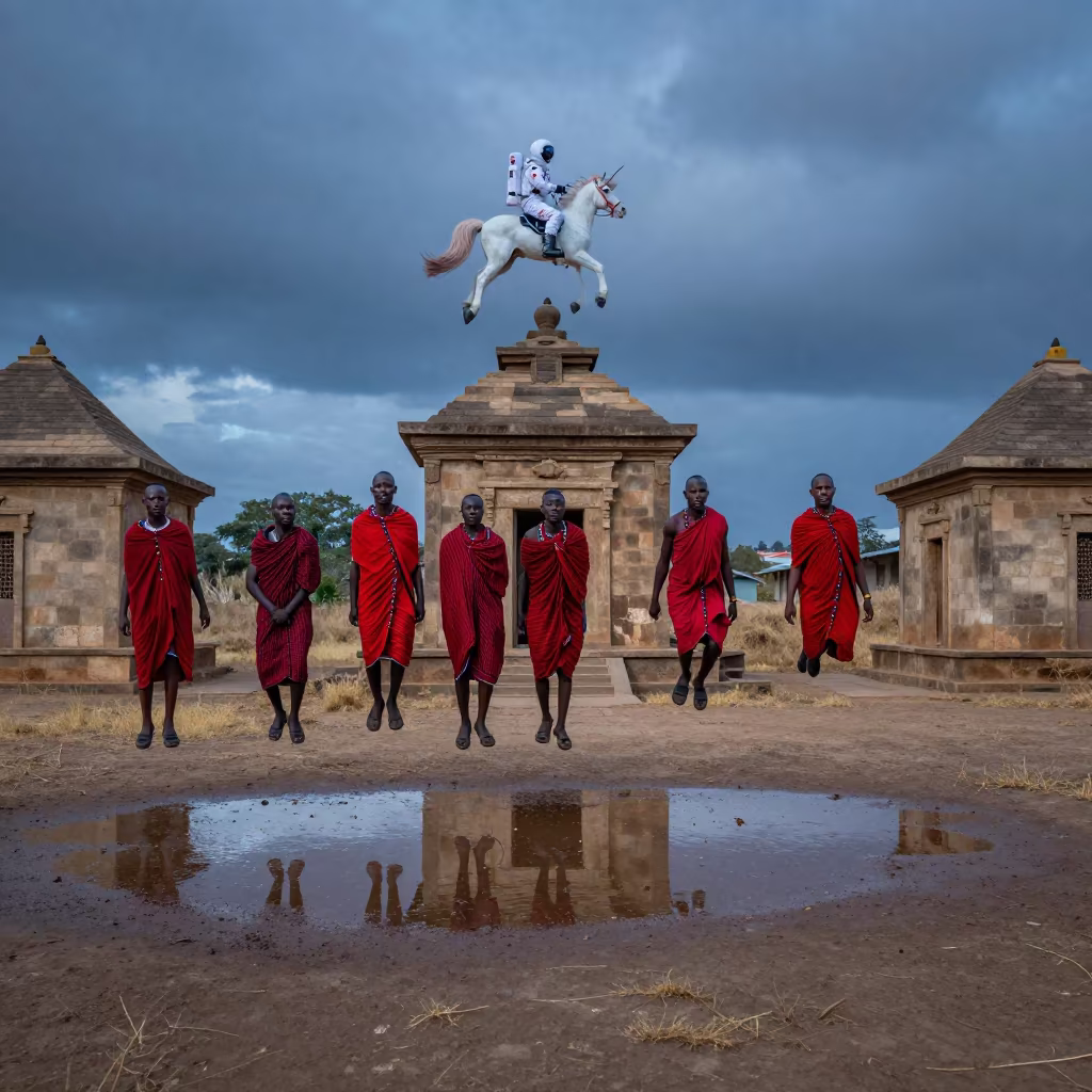 Maasai Jumping Dance Under Indigo Twilight Sky in in a temple courtyard in Dar es Salaam