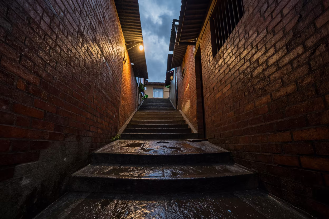 Maboneng Staircase Under Flickering Bulb in beneath a flickering underpass light in Maboneng, Johannesburg