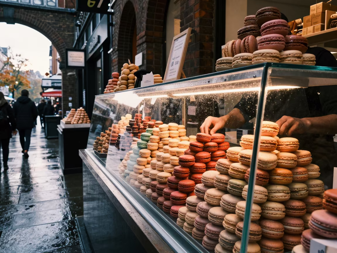 Macarons Stacked in East London Bazaar in in a covered bazaar aisle in East London