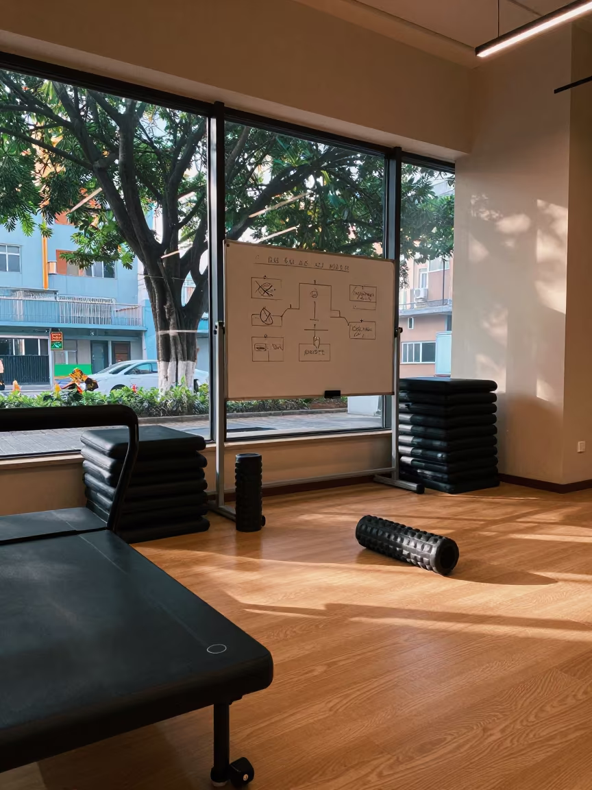 Macau Fitness Recovery Lounge Late Afternoon Light in inside a recovery lounge beside foam rollers near Macau