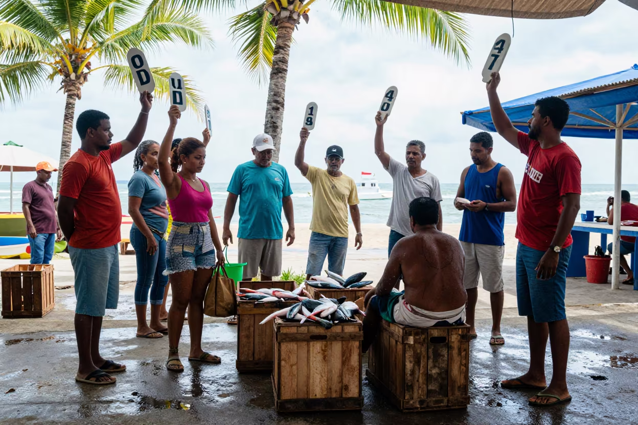 Maceio Fish Auction Bidders Raise Paddles in at a roadside stop near Maceio