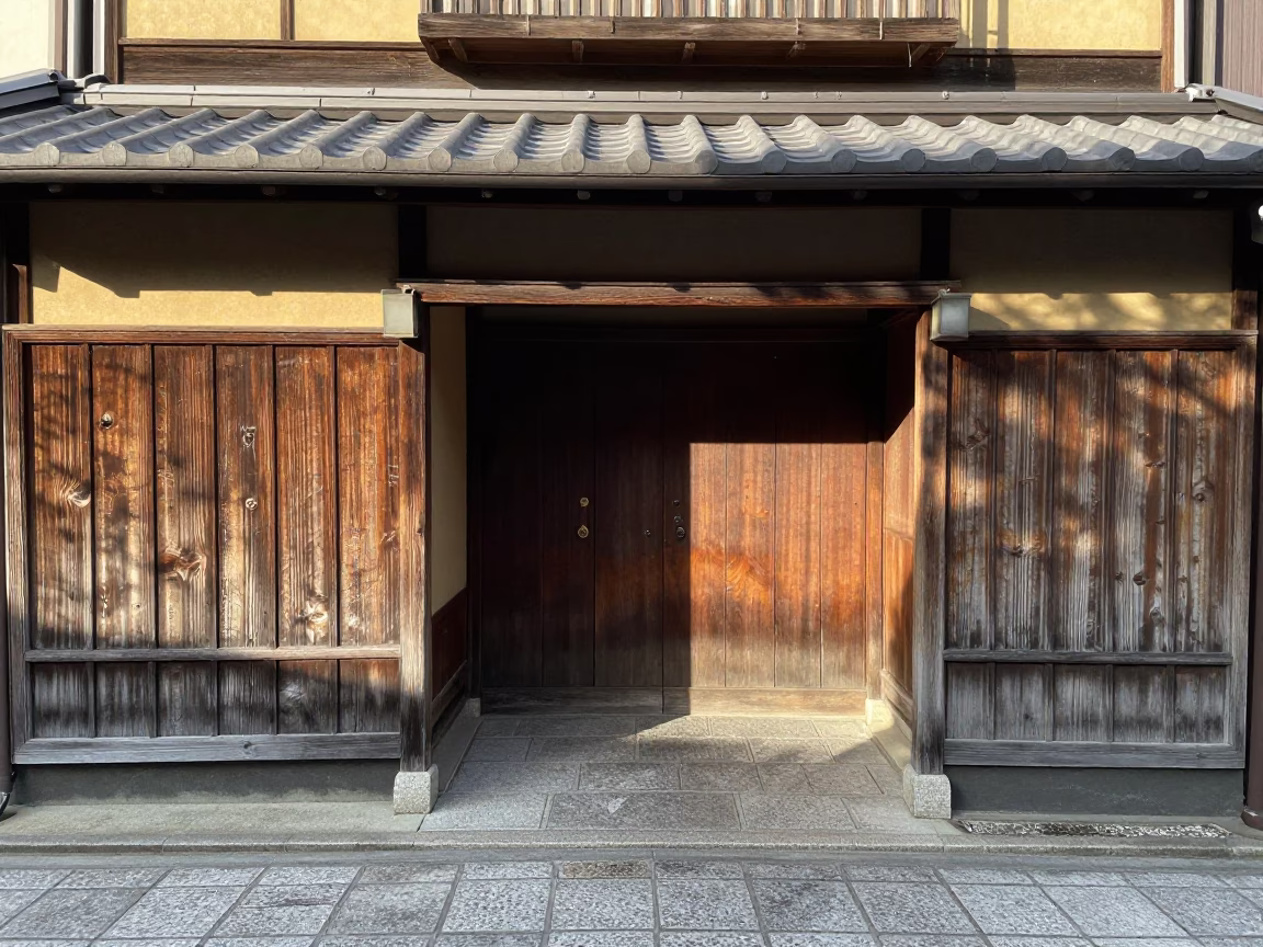 Machiya Entrance in Osaka at As First Light Reaches The Scene in in Osaka, Japan
