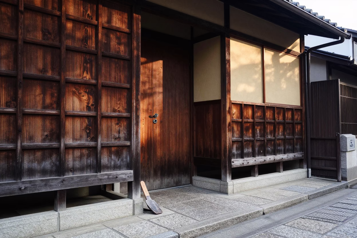 Machiya Entrance just after sunrise in Kyoto in in Kyoto, Japan