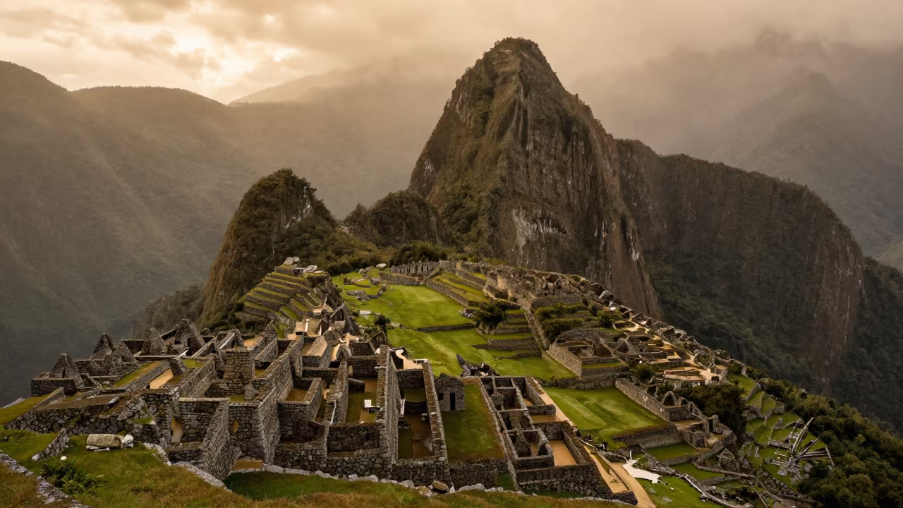 Machu Picchu Terraces Above Cloud Forest in across a floodplain after rain in Telangana