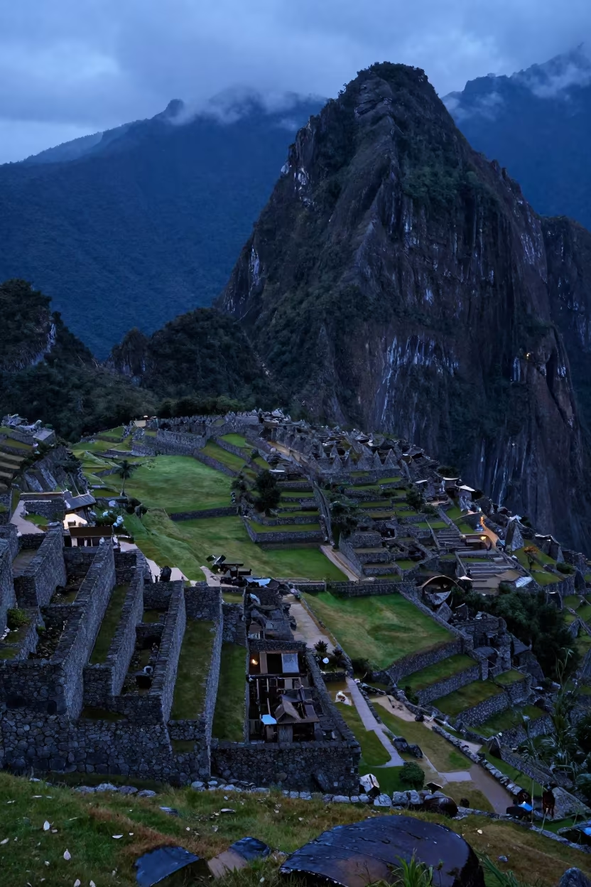 Machu Picchu Terraces in Blue Hour Twilight in near Plaza de Armas, Cusco