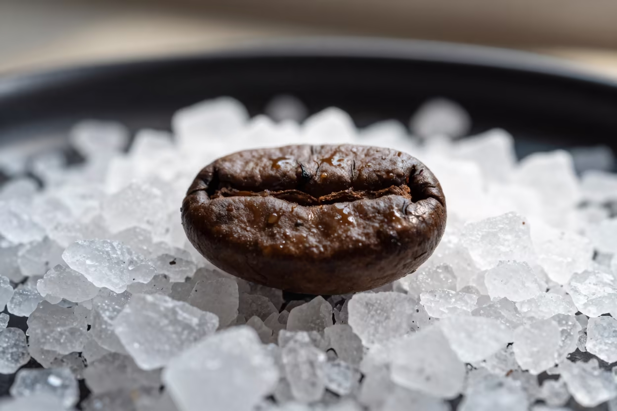 Macro Coffee Bean on Salt Crystals Nantes in on salt crystals along a pan rim in Nantes