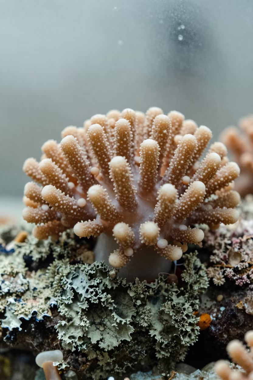Macro Coral Polyps on Lichen Bark in Indoor Light in on lichen-covered bark in Thu Thiem, Ho Chi Minh City