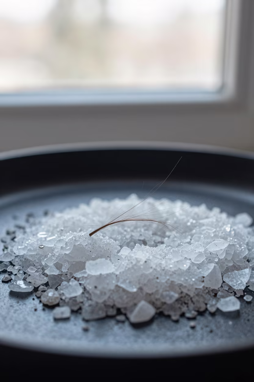 Macro human hair cross section salt crystals in on salt crystals along a pan rim in Oujda