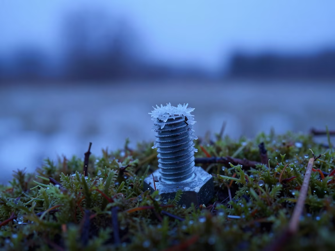 Macro Ice Crystals on Bolt in Helsinki Winter in on dew-soaked moss in Kruununhaka, Helsinki