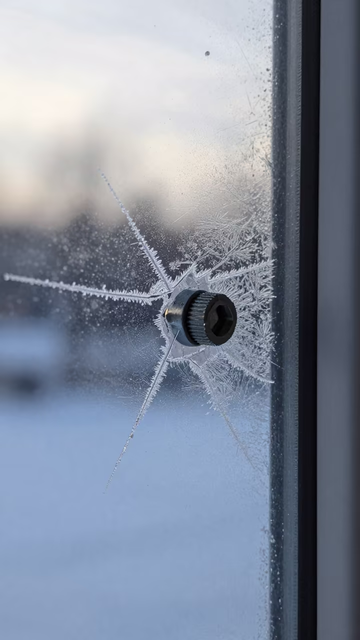 Macro Ice Crystals on Bolt Near Sapporo Window in along a frost-edged windowpane near Sapporo