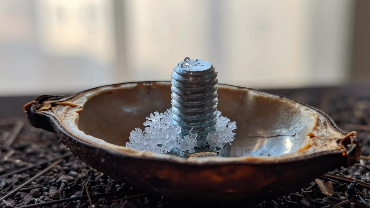 Macro Ice Crystals on Metal Bolt Inside Seed Pod in inside a seed pod split open in Laugavegur, Reykjavik
