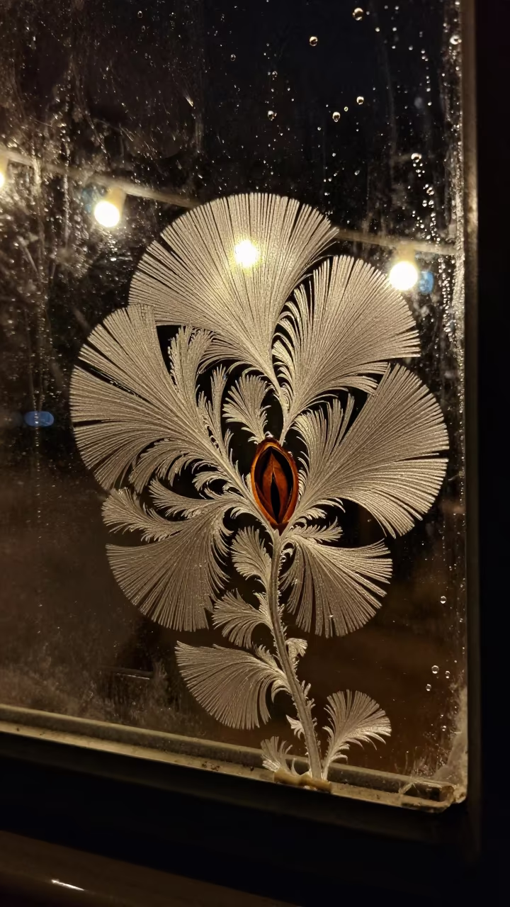 Macro Ice Fans on Dark Window in Polar Night in inside a seed pod split open in Rovaniemi