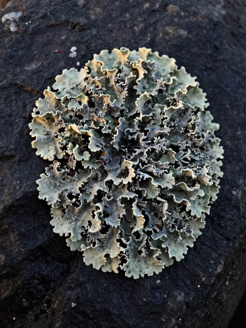 Macro Lichen on Tide Blackened Stone in on lichen-covered bark near Constantine