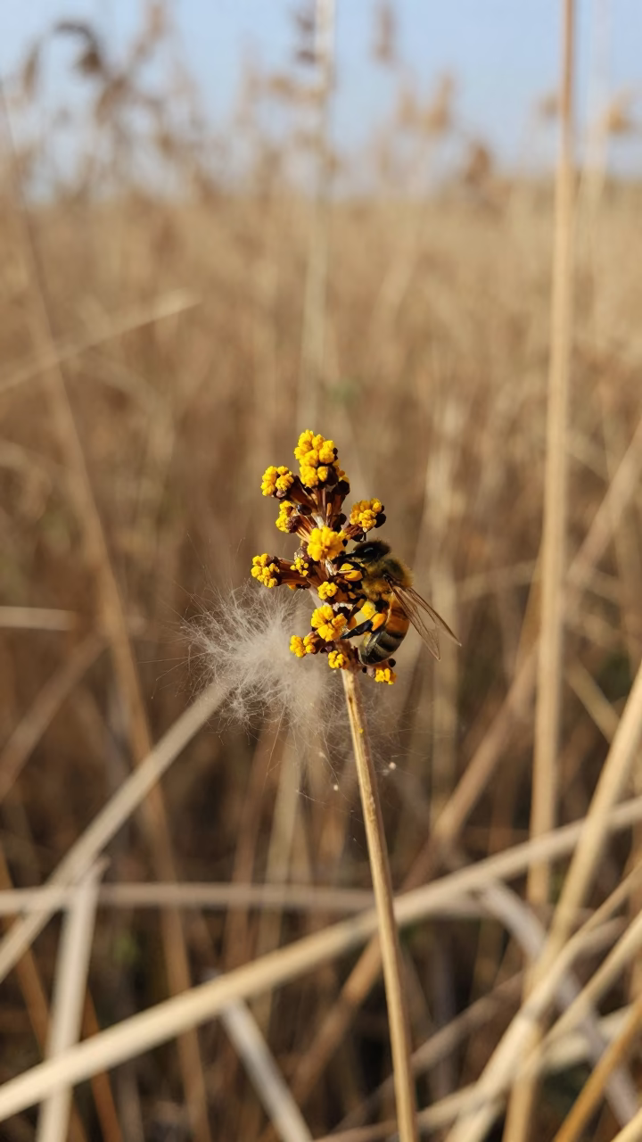 Macro pollen clusters on bee-streaked anther near Taunggyi in at the edge of a reed bed near Taunggyi