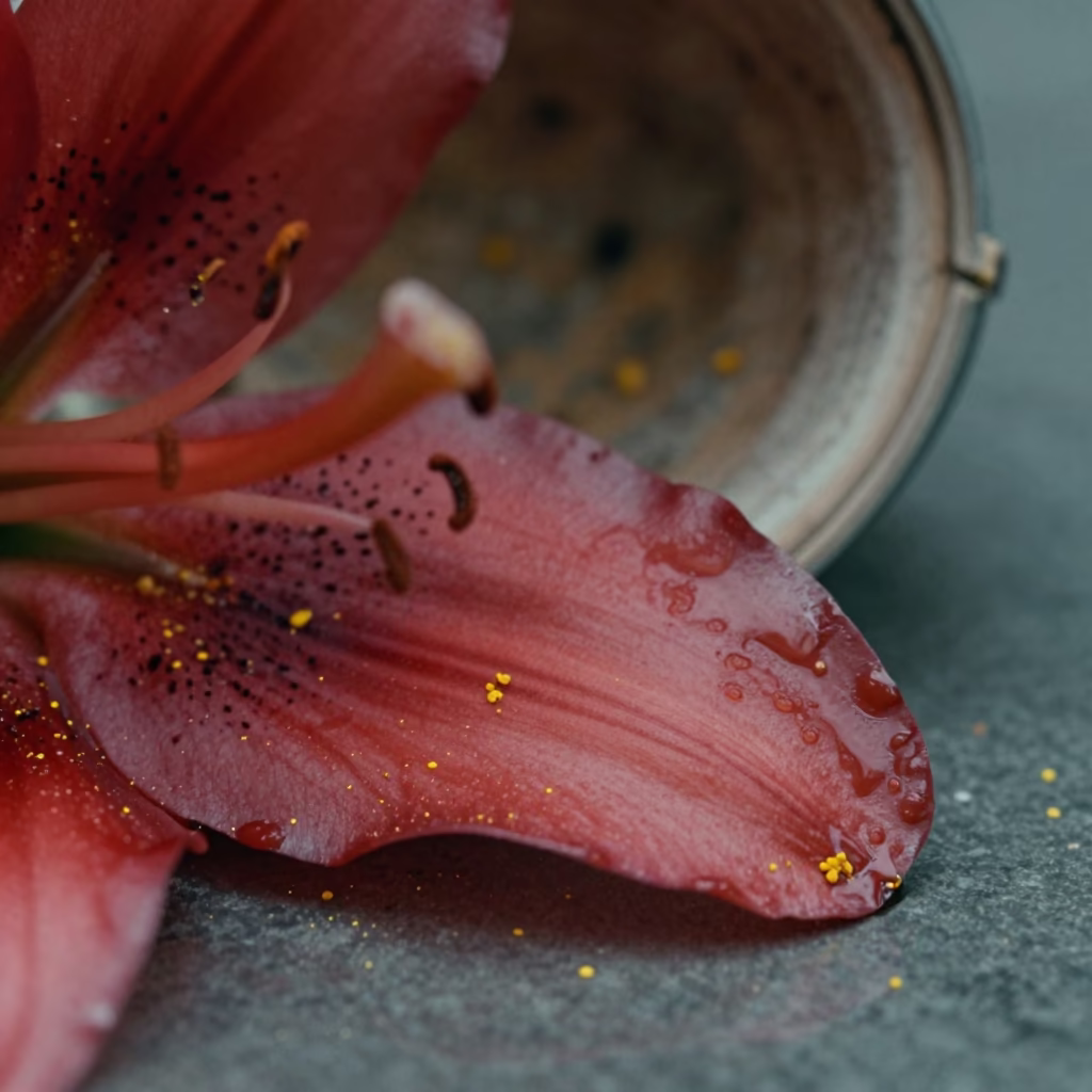 Macro Pollen Dust on Scarlet Lily Near Lalibela in inside a seed pod split open near Lalibela