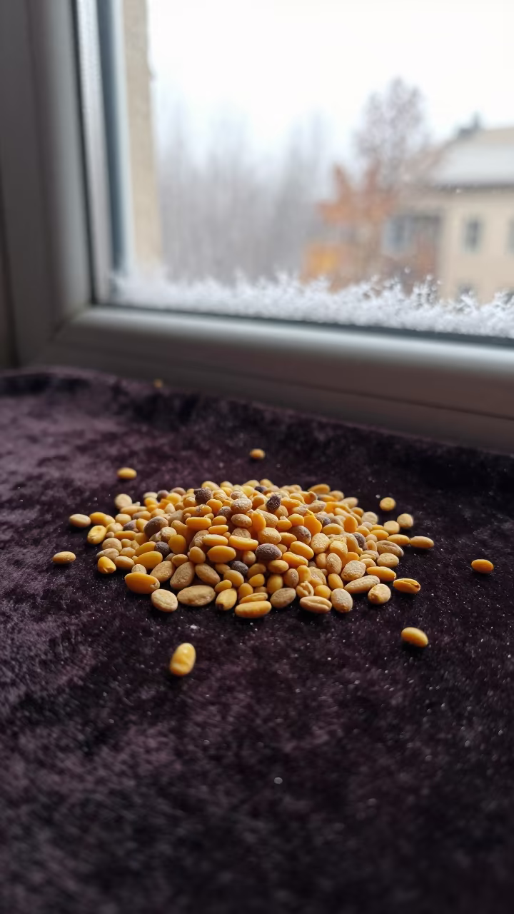 Macro Pollen Grains on Velvet in Şanlıurfa Dawn in along a frost-edged windowpane in Şanlıurfa