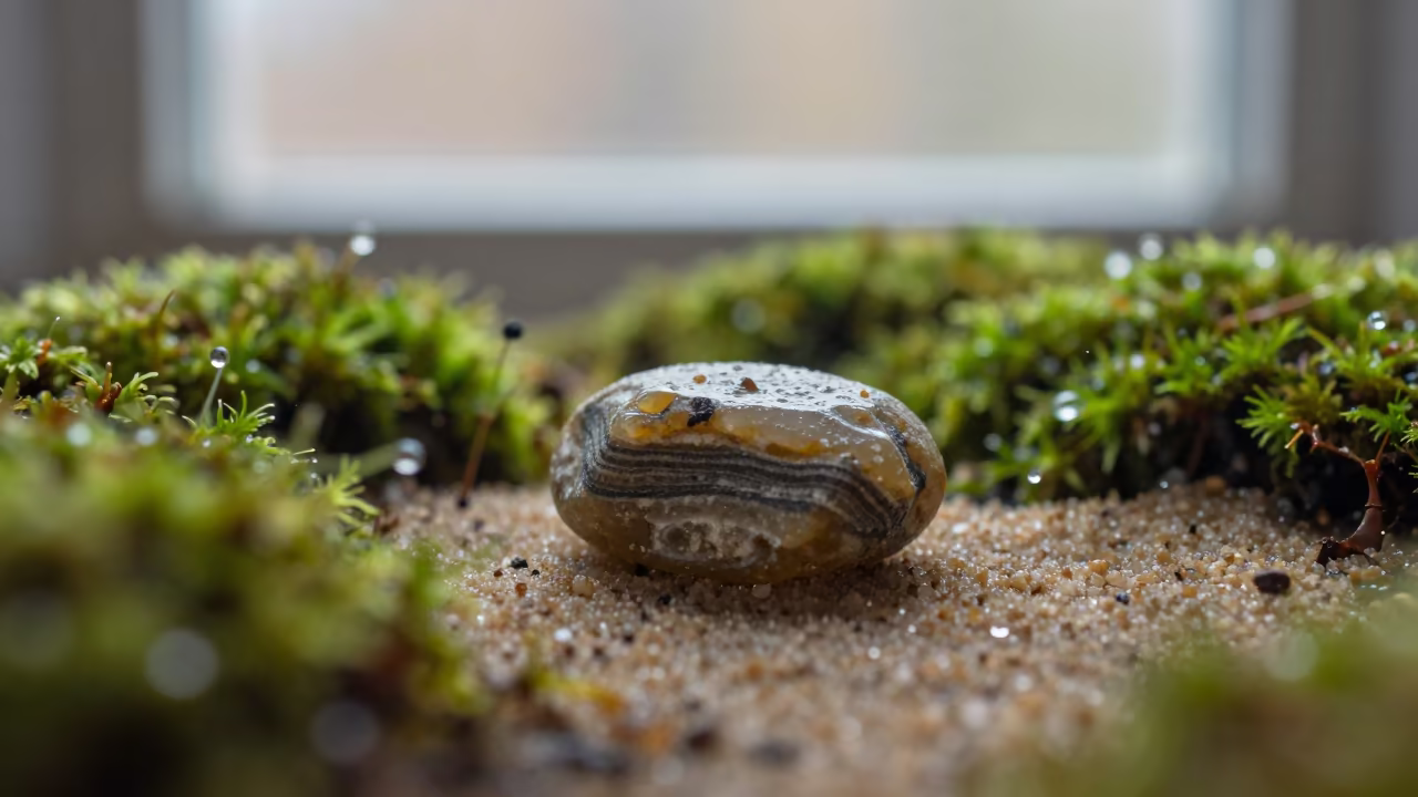 Macro Sand Grain on Cairns Moss in on dew-soaked moss in Cairns