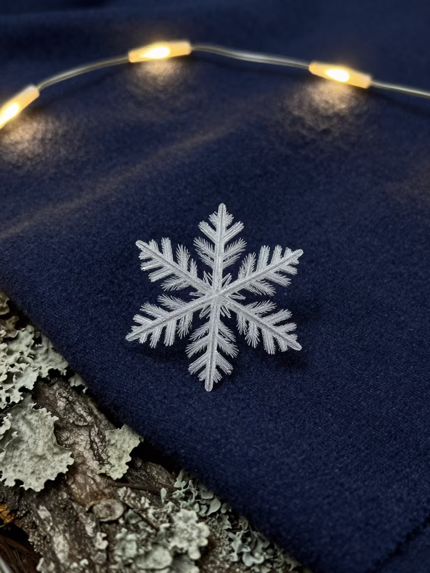 Macro Snowflake Crystal Arms on Navy Wool in on lichen-covered bark in Masvingo