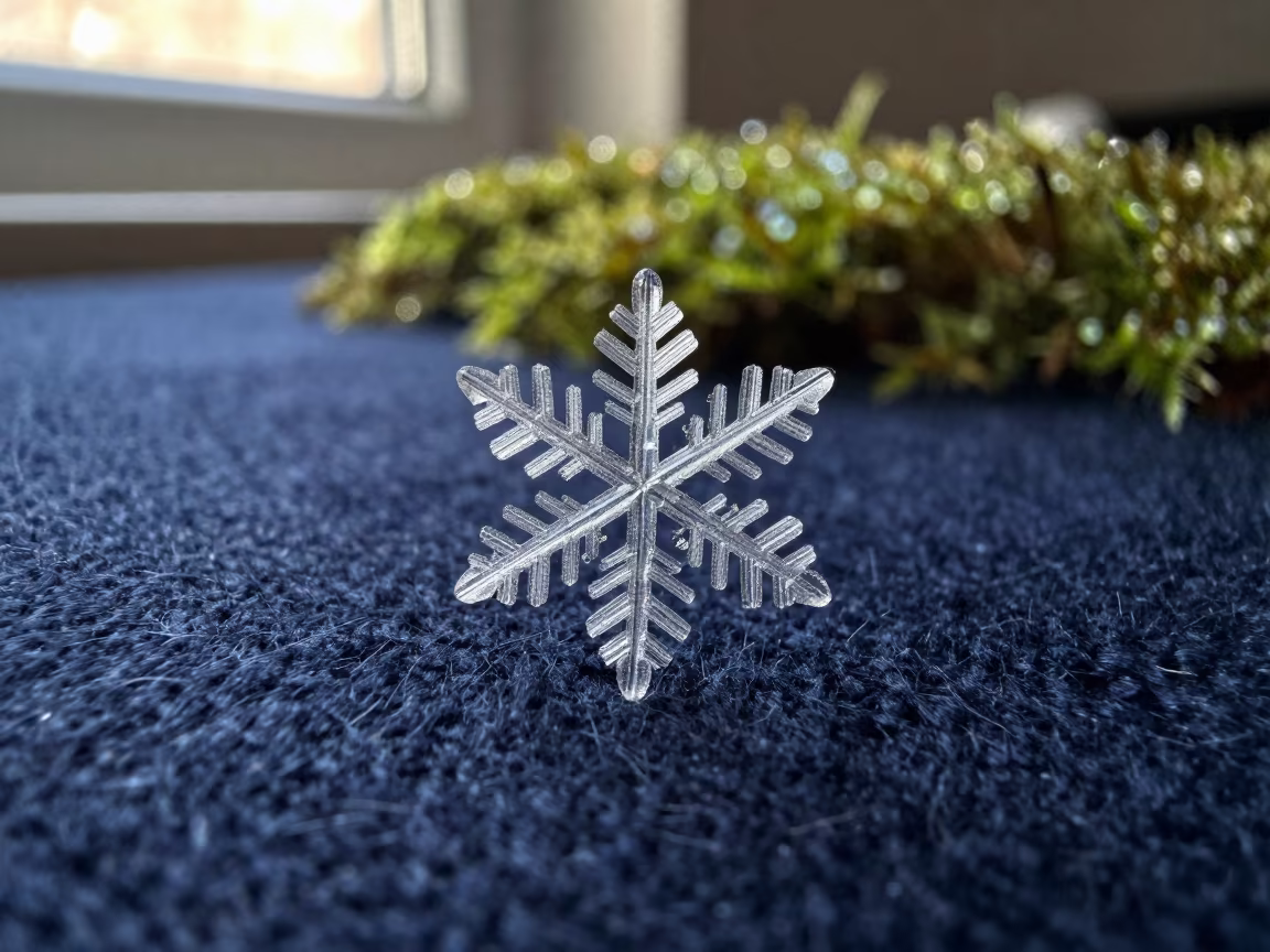 Macro Snowflake Crystal on Navy Wool in on dew-soaked moss in Kampung Baru, Kuala Lumpur