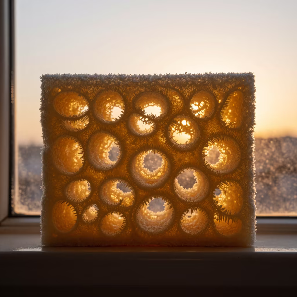 Macro Sponge Pores in Baghdad Sunset Light in along a frost-edged windowpane in Baghdad